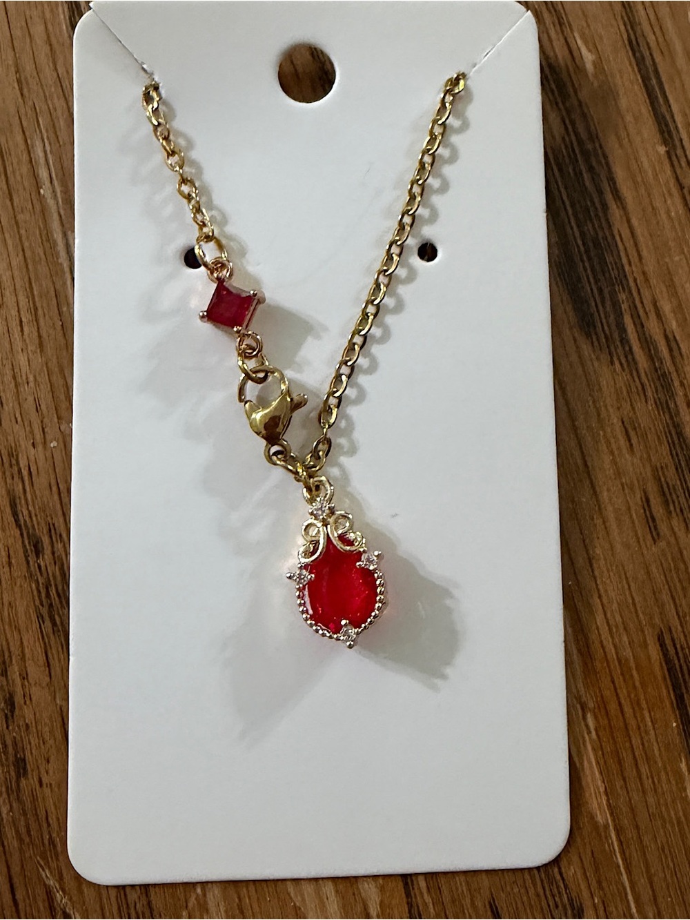 Gold-Tone Necklace with Red Gem Pendant - Women Jewelry